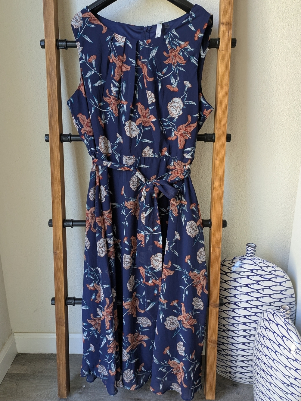 NWT NY Collection Women's Navy Floral Tie-Waist Midi Dress - Picture 4 of 8